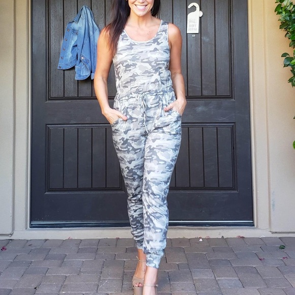 Pants - Camo drawstring waist jogger tank jumpsuit